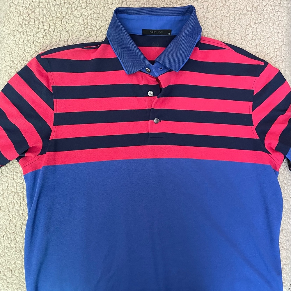 Greyson Men's Blue and Pink Striped Polo Shirt